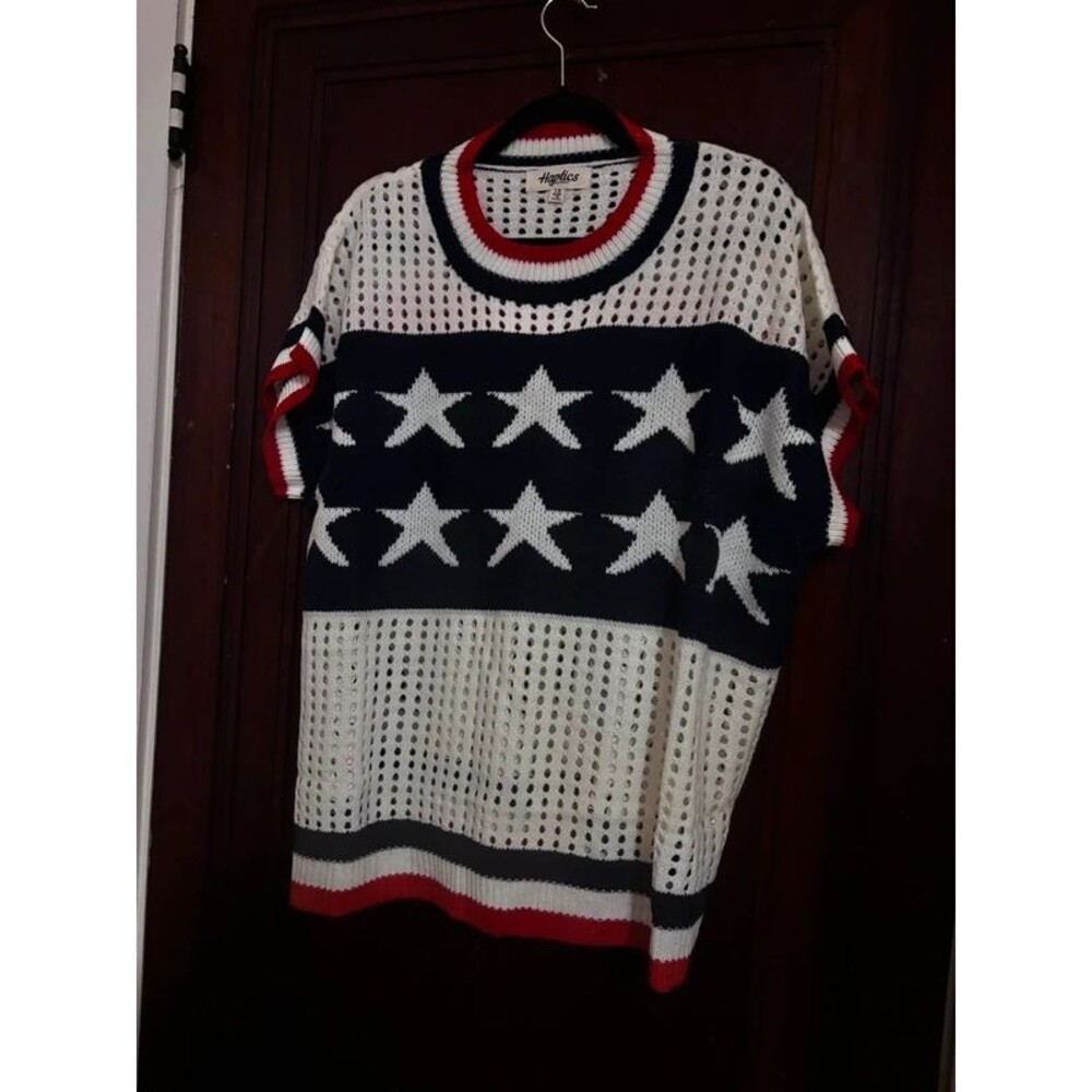 Haptics Patriotic Short Sleeve Knit Sweater Star Striped Top Red White Blue XXL